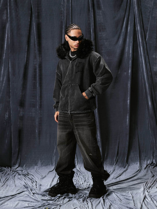 1807 Faux Fur Hood Trim Washed Zip Up Hoodie | Face 3 Face