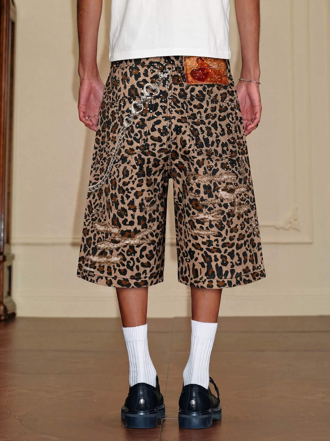 YADcrew Leopard Digital Print All Over Rhinestone Baggy Shorts | Face 3 Face