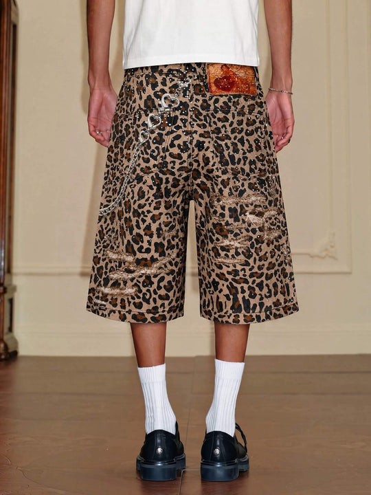 YADcrew Leopard Digital Print All Over Rhinestone Baggy Shorts | Face 3 Face