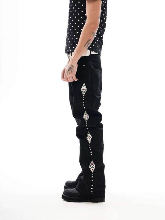 KARMANISTIC Studded Crystal and Leather Side Design Black Jeans | Face 3 Face