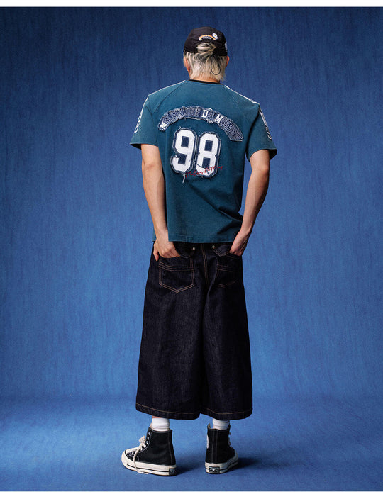 MEDM Distressed Denim Logo Patch Washed Short Sleeve Tee | Face 3 Face