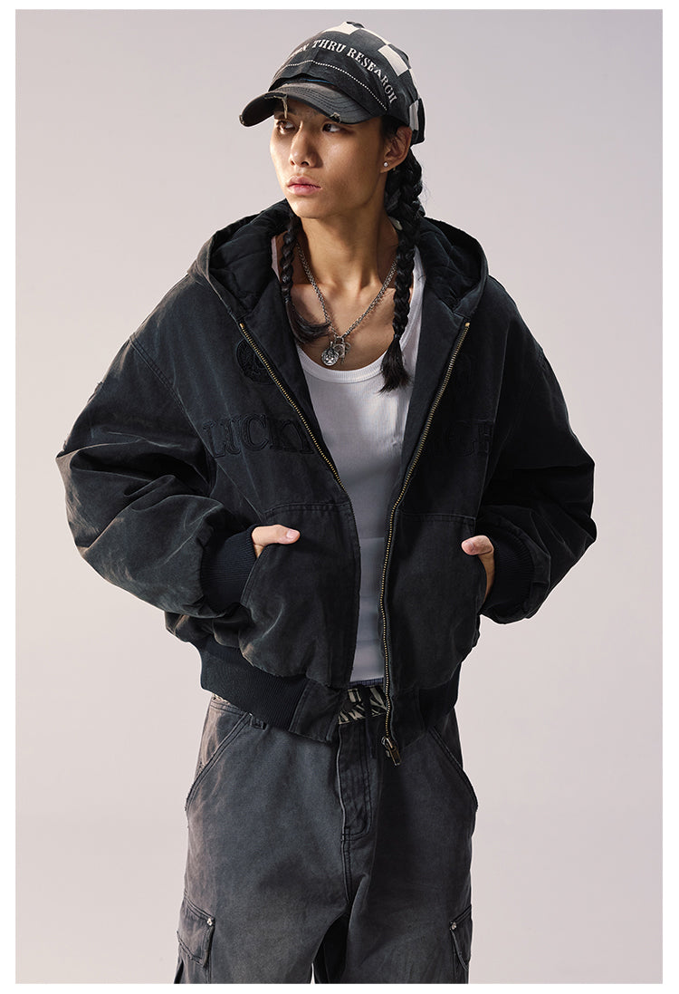 Remedy Embroidered Washed Hooded Bomber Jacket | Face 3 Face