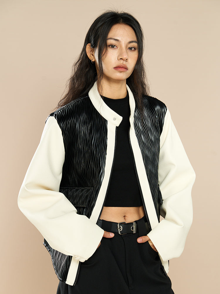 YADcrew Water Wave Pattern Leather Jacket