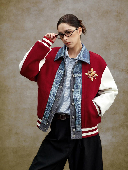 YADcrew Pearl Studded Digital Denim Varsity Jacket | Face 3 Face