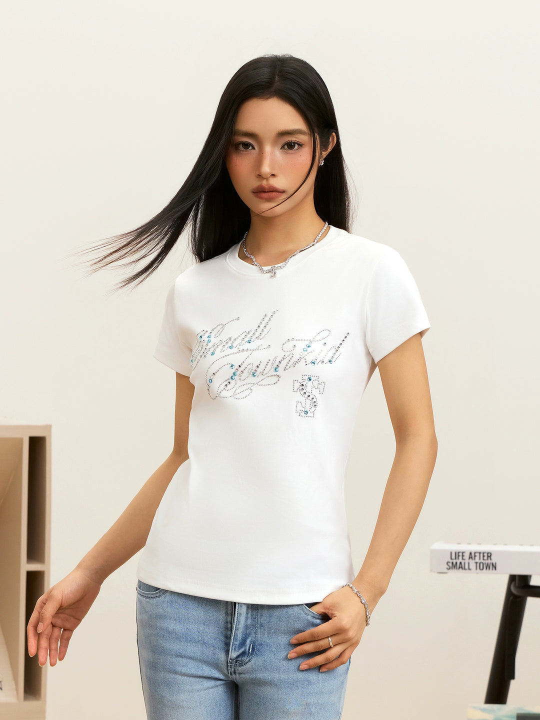 Small Town Kid Rhinestone Jewelry Lettering Slim Fit Tee | Face 3 Face