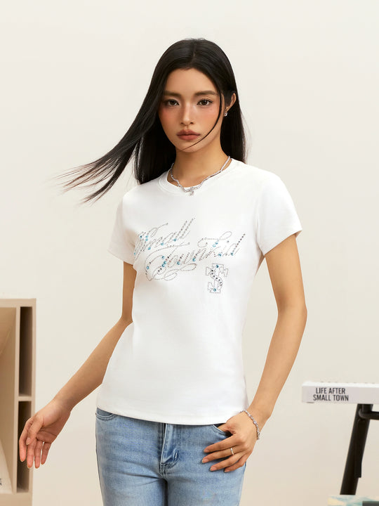 Small Town Kid Rhinestone Jewelry Lettering Slim Fit Tee | Face 3 Face