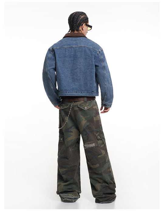 F3F Select Suede Lapel Washed Denim Jacket | Face 3 Face