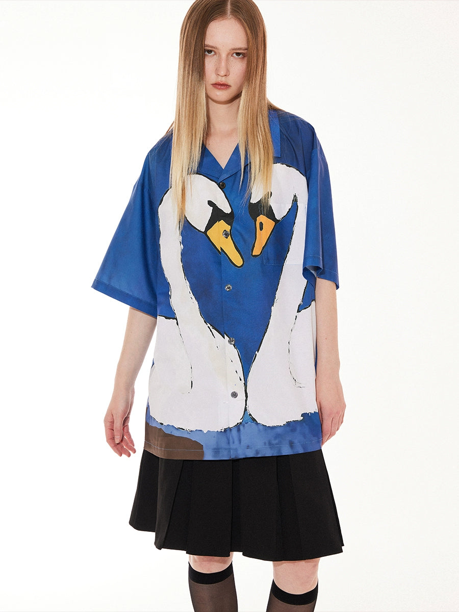 EMPTY REFERENCE Hand Painted Swan Print Short Sleeve Shirt | Face 3 Face