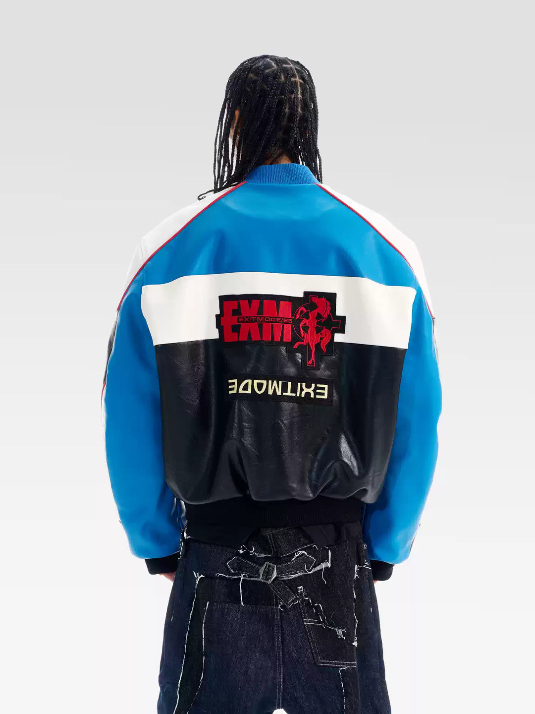 BLIND NO PLAN Color Block Embroidered Racing Leather Jacket | Face 3 Face