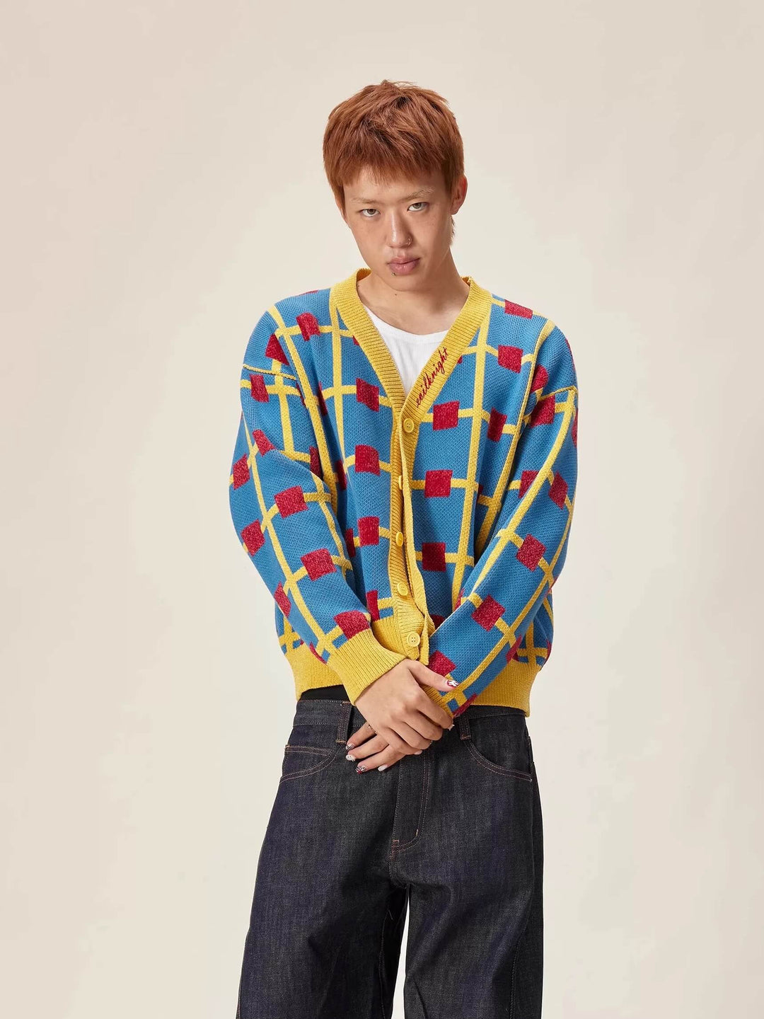 EVILKNIGHT(EK) Multicolor Checkerboard Knit Cardigan