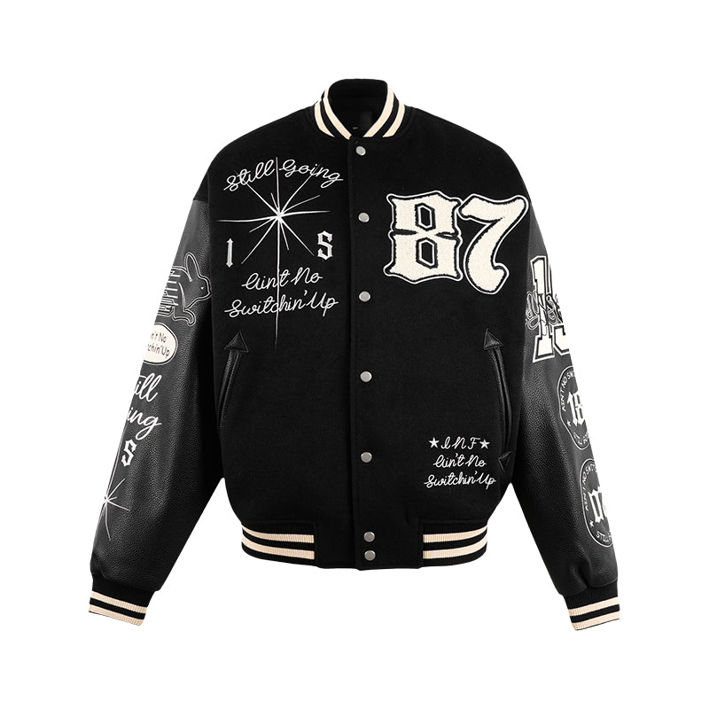 1807 Patchwork Embroidery Leather Varsity Jacket | Face 3 Face