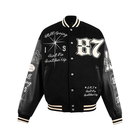 1807 Patchwork Embroidery Leather Varsity Jacket | Face 3 Face