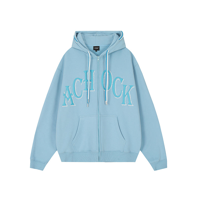 Puff print hoodies | Achock Double Hooded Rope Logo Zipper Hoodie | Face 3 Face