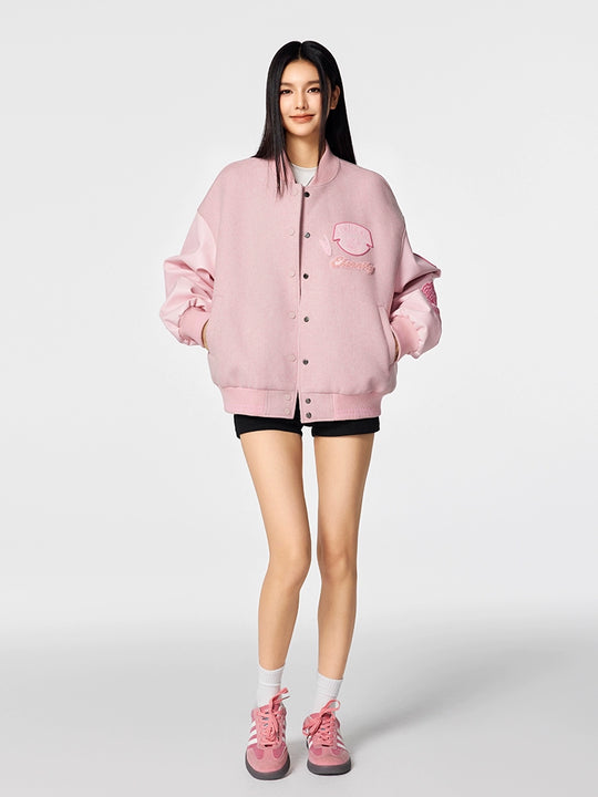 Achock Pink Multi Embroidery Varsity Jacket | Face 3 Face