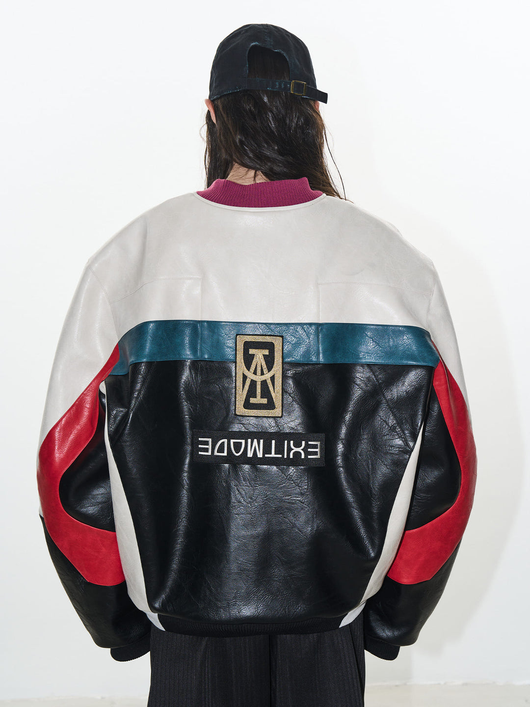 BLIND NO PLAN Colorblocked Embroidered Racing Leather Jacket | Face 3 Face