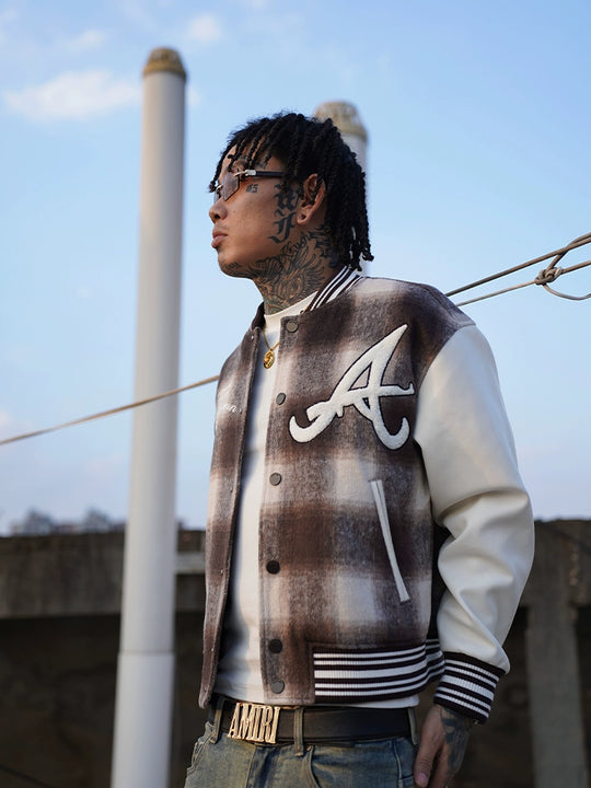 TGFCLUB Embroidered Plaid PU Leather Varsity Jacket | Face 3 Face
