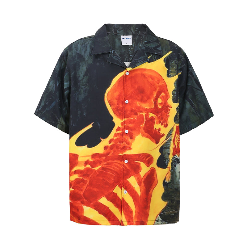 UNTILWERICH Cuban Collar Flaming Skull Short Sleeve Shirt | Face 3 Face