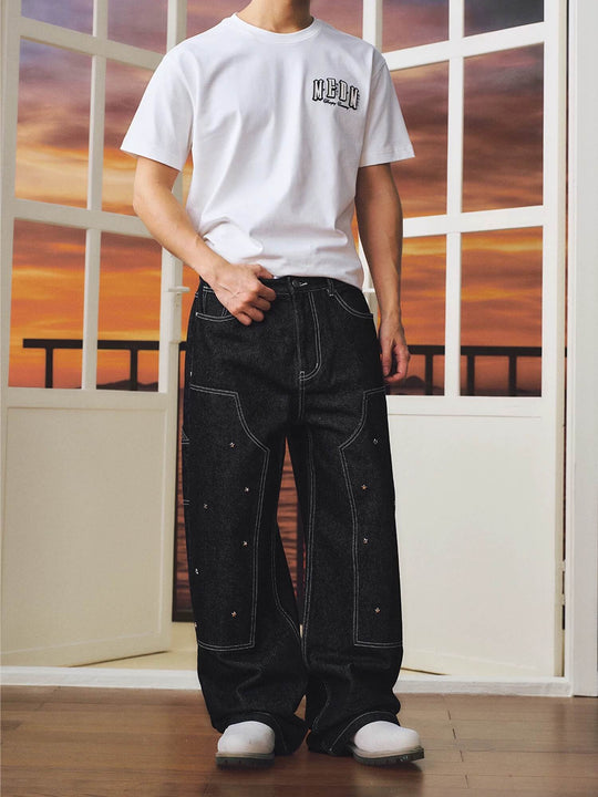 MEDM Star Studded Double Knee Baggy Jeans | Face 3 Face