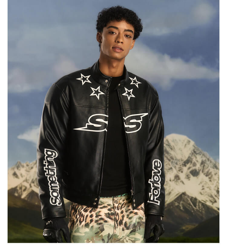 S45 Star Print PU Leather Leopard Lined Biker Jacket | Face 3 Face