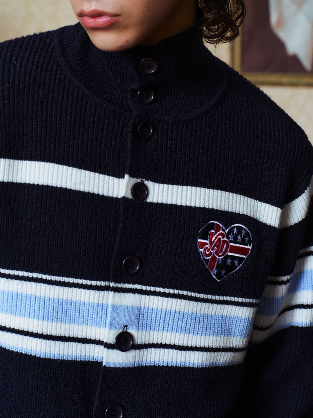 YADcrew Heart Embroidered Striped Knit Cardigan | Face 3 Face