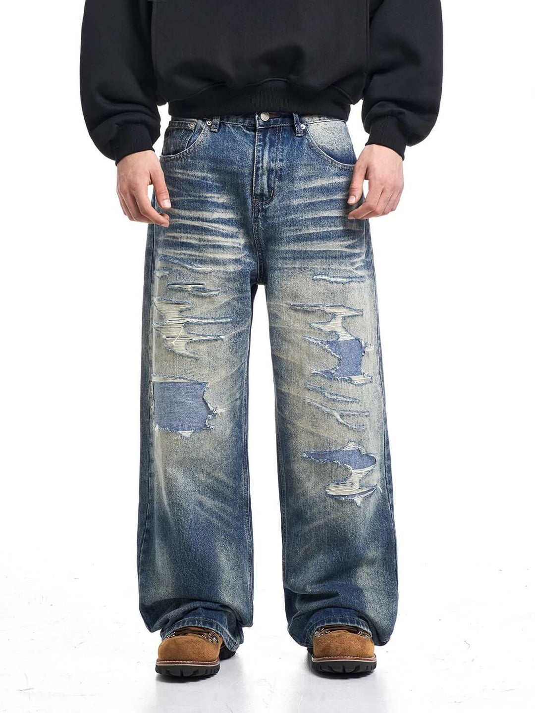 F3F Select Heavy Distressed Washed Patchwork Baggy Jeans | Face 3 Face