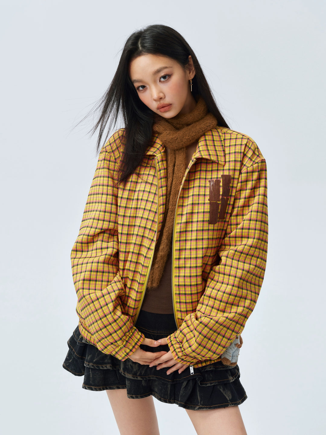 MEDM Plaid Quilted-Lined Leather Patch Track Jacket | Face 3 Face