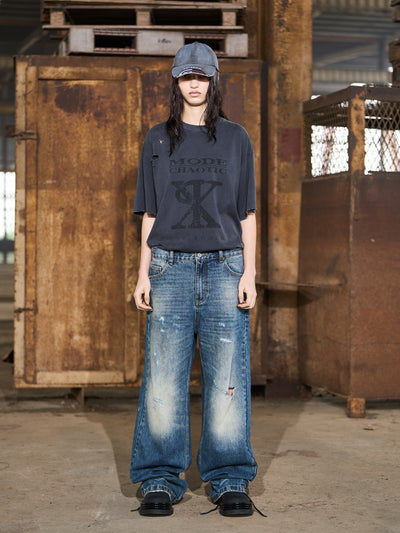 BLIND NO PLAN EXIT MODE Torn Dark Blue Washed Loose Jeans | Face 3 Face