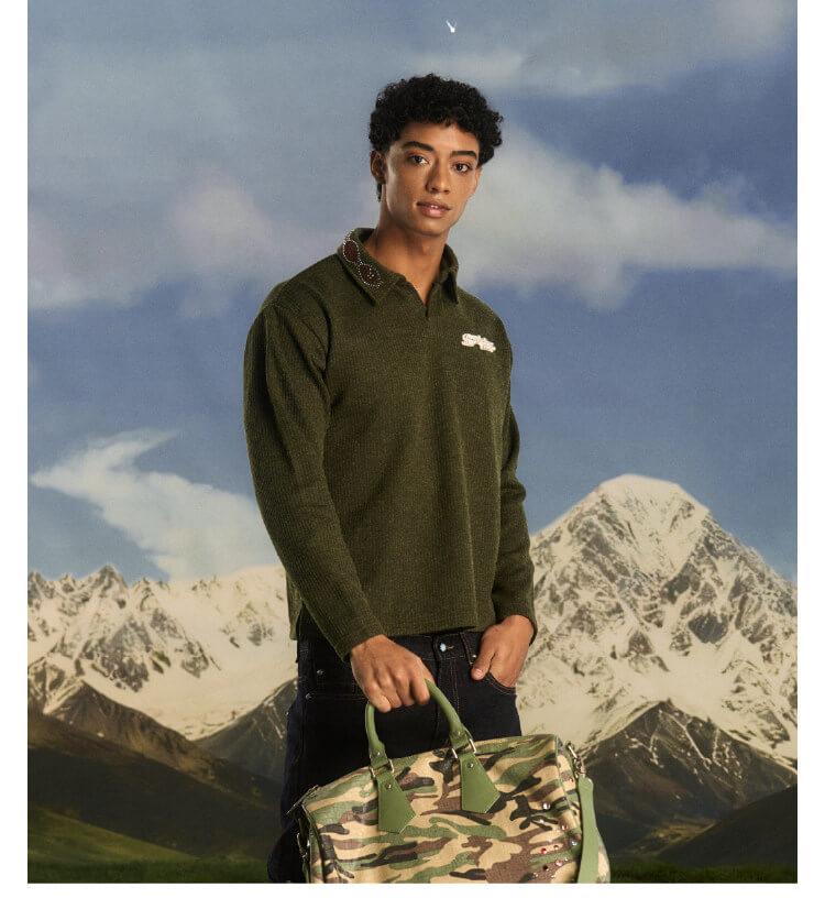 S45 Pearl and Rhinestone Long Sleeve Polo | Face 3 Face