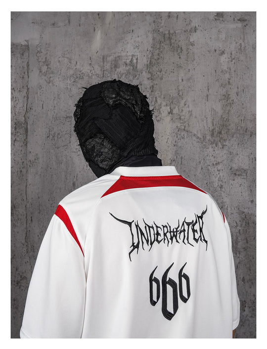 UNDERWATER White and Red Deconstructed Patchwork Embroidered Jersey Tee | Face 3 Face