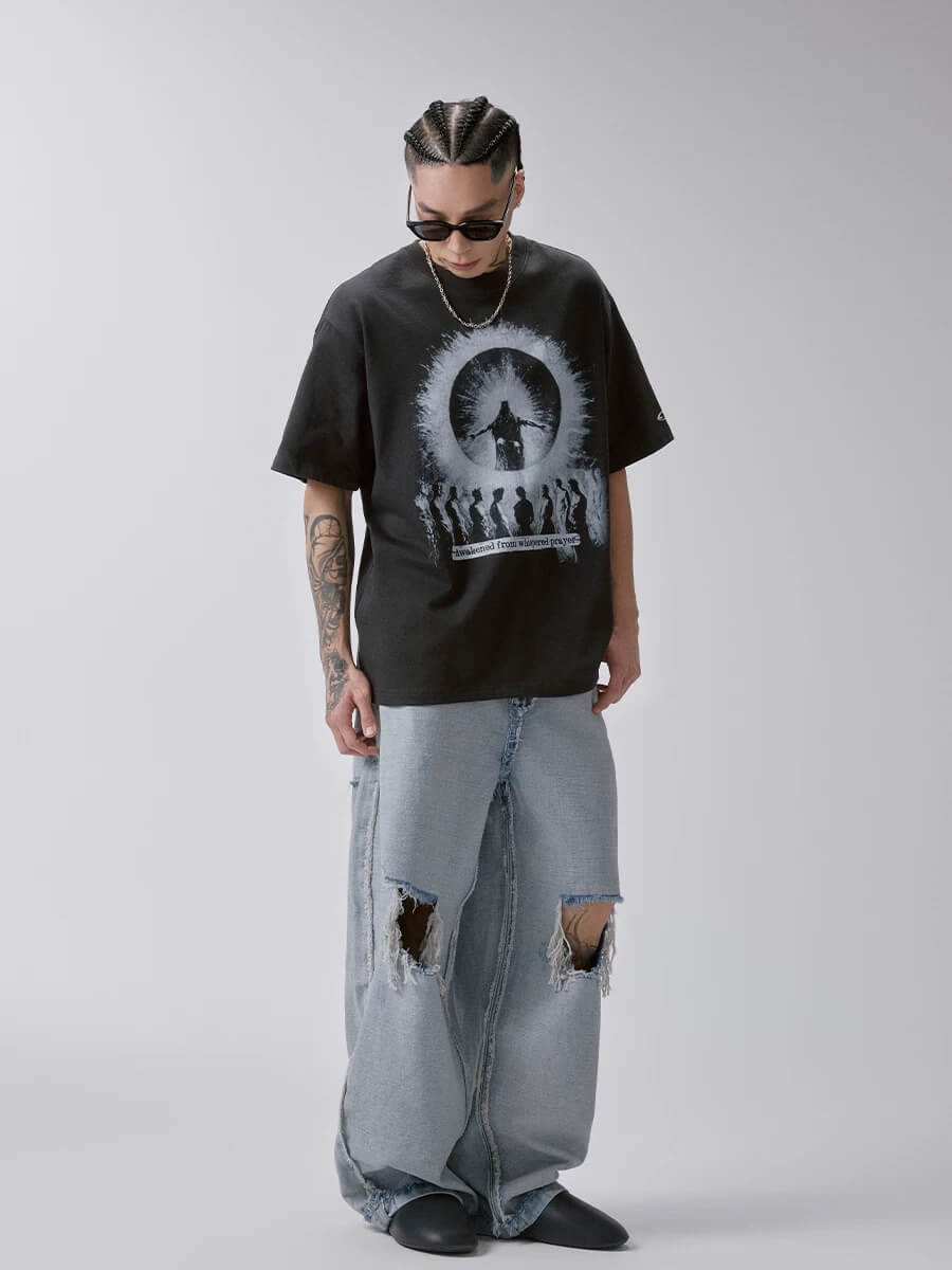 F2CE Praying Figure Silhouette Print Washed Distressed Short Sleeve Tee | Face 3 Face