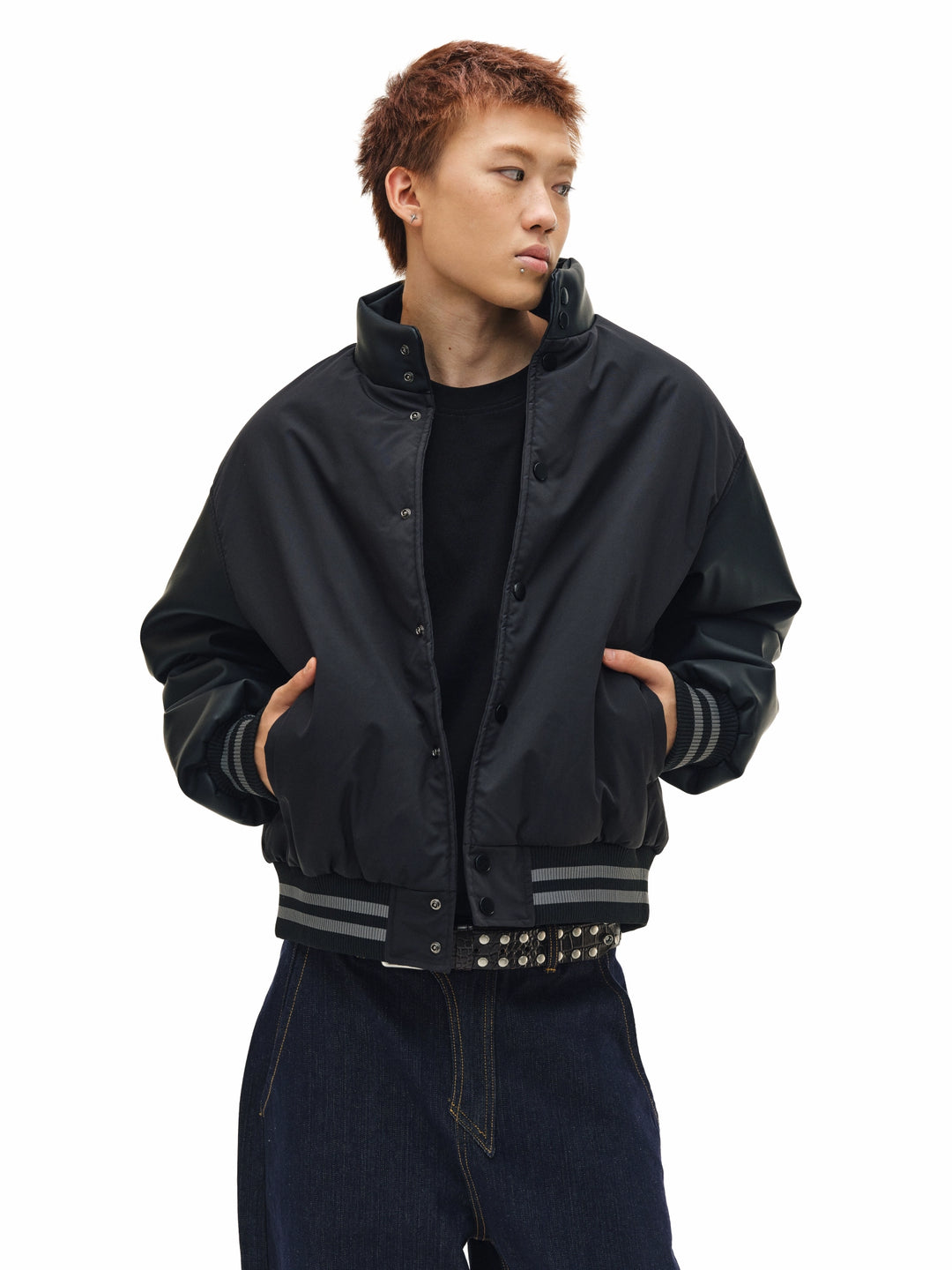 NOVACAM PU Leather Sleeve Puffer Varsity Jacket | Face 3 Face