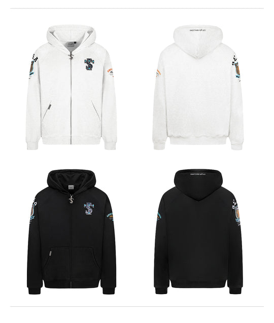 Small Town Kid Turquoise Studded Badge Embroidered Zip-Up Hoodie | Face 3 Face