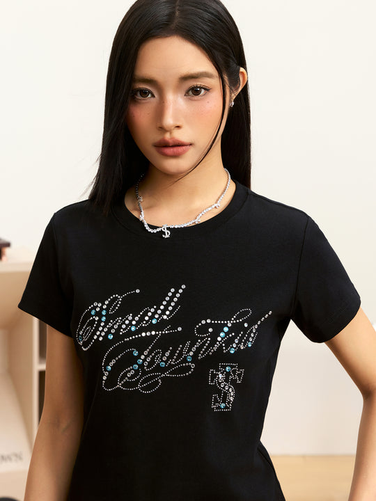 Small Town Kid Rhinestone Jewelry Lettering Slim Fit Tee | Face 3 Face