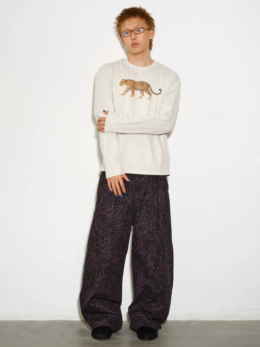 NOVACAM Purple Leopard Print Curved Baggy Pants | Face 3 Face