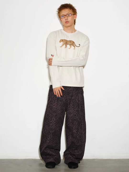 NOVACAM Purple Leopard Print Curved Baggy Pants | Face 3 Face