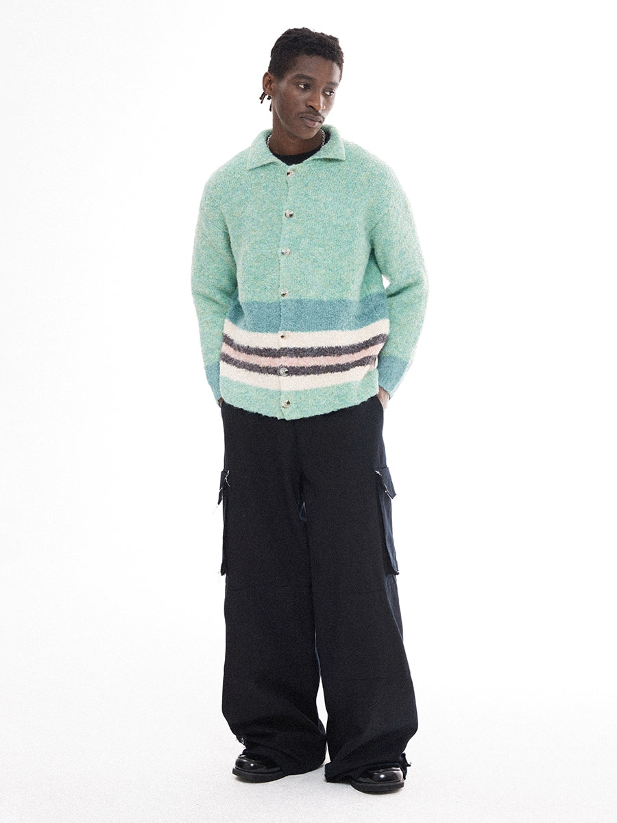 EMPTY REFERENCE Green Striped Wool Knit Cardigan | Face 3 Face