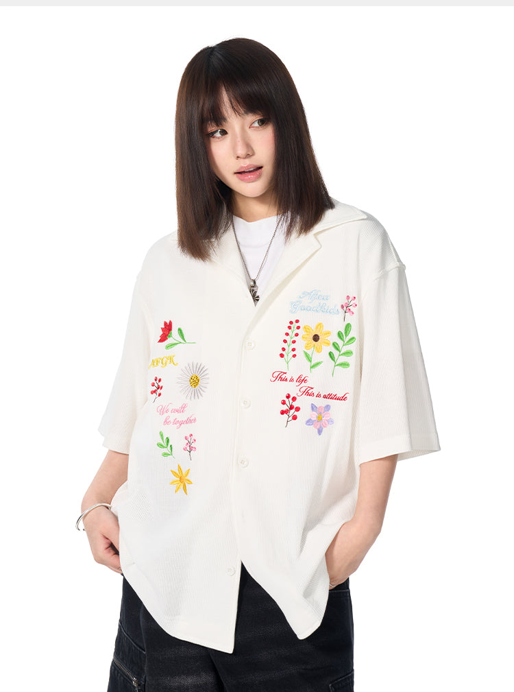 AFGK Floral Embroidered Waffle Short Sleeve Shirt | Face 3 Face