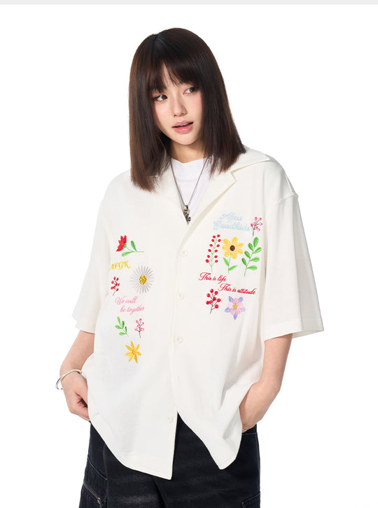 AFGK Floral Embroidered Waffle Short Sleeve Shirt | Face 3 Face