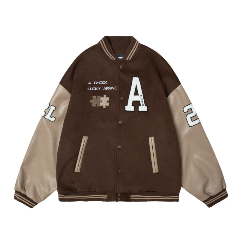 Achock Puzzle Embroidery Leather Embroidery Baseball Jacket