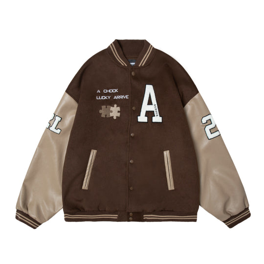 Achock Puzzle Embroidery Leather Embroidery Baseball Jacket