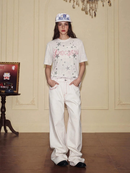 YADcrew Heart Shaped Pocket Slight Flare White Jeans | Face 3 Face