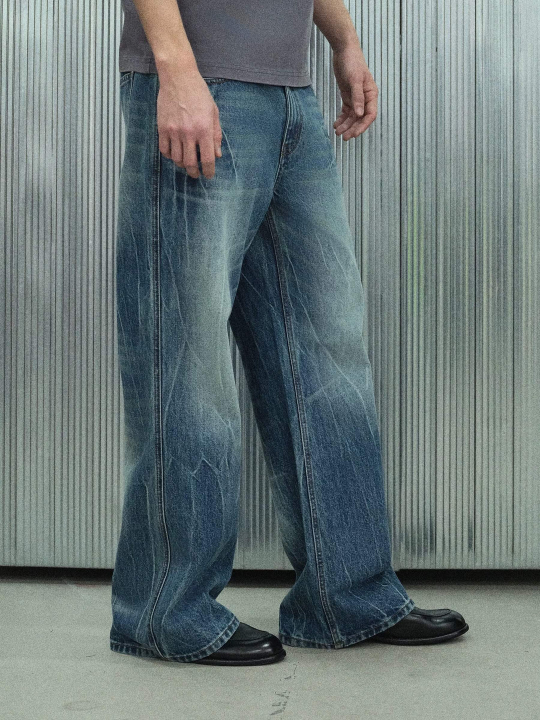 S45 Lightning Crack Wash Distressed Slight Flare Jeans | Face 3 Face