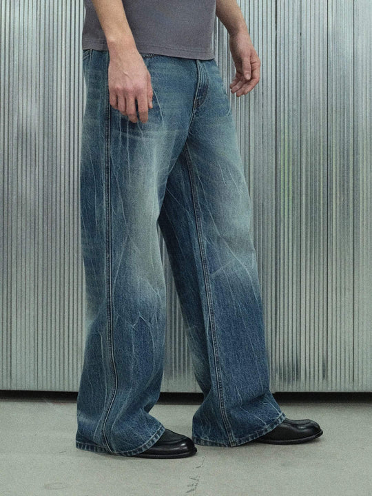 S45 Lightning Crack Wash Distressed Slight Flare Jeans | Face 3 Face