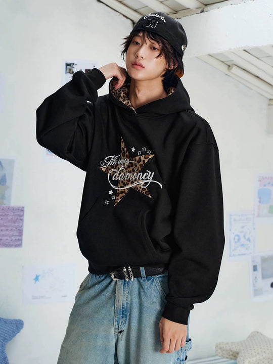 MEDM Leopard Hood Lining Star Patch Logo Hoodie