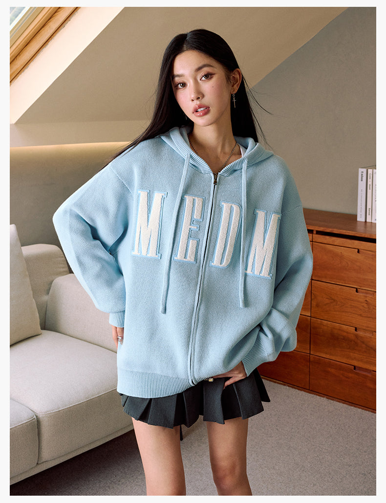 MEDM Basic Embroidered Logo Zip Up Knit Hoodie | Face 3 Face