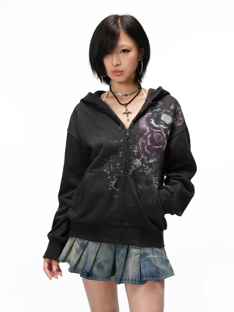 Night Lab Rose Skull Rhinestone Zip Up Hoodie | Face 3 Face