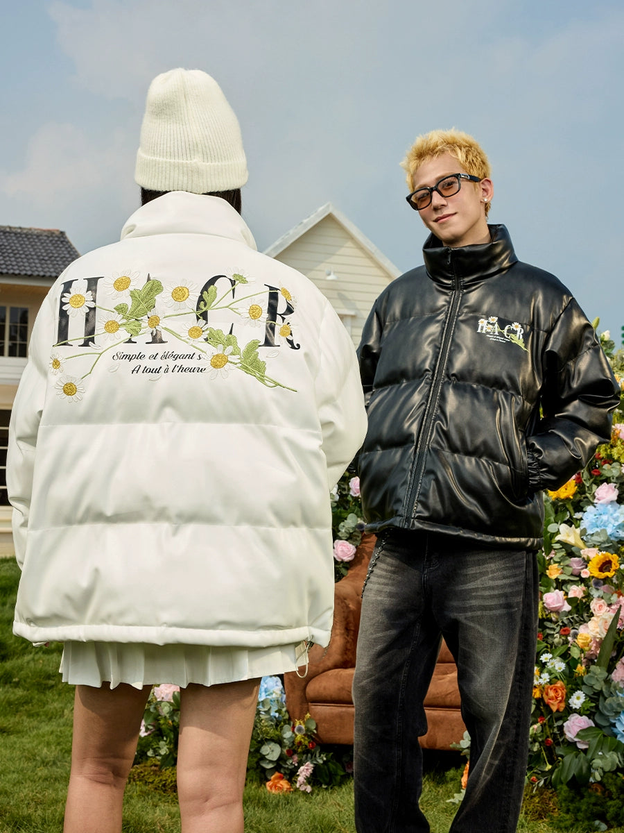 Harsh and Cruel Daisy Embroidery PU Padded Jacket | Face 3 Face