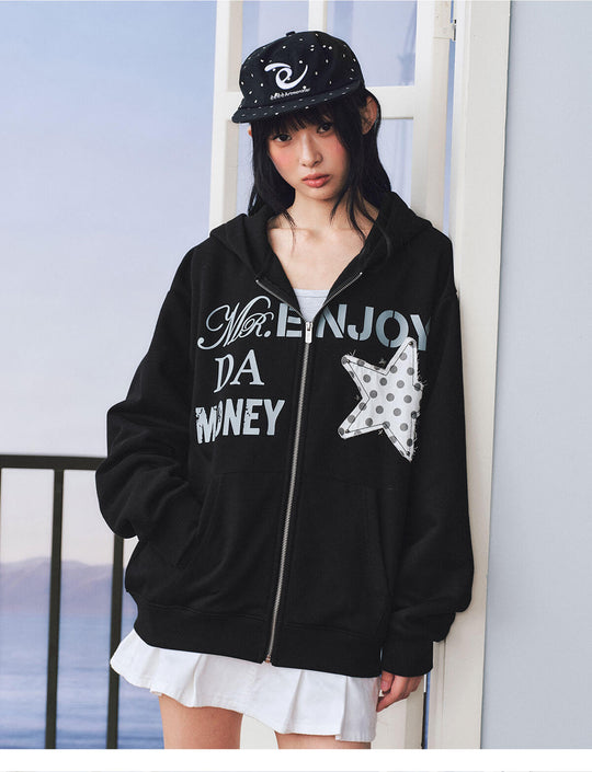MEDM Dot Pattern Star Patch Studded Zip Up Hoodie | Face 3 Face