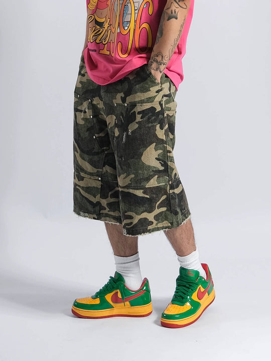 EVETS Camo Distressed Double Knee Baggy Work Shorts | Face 3 Face
