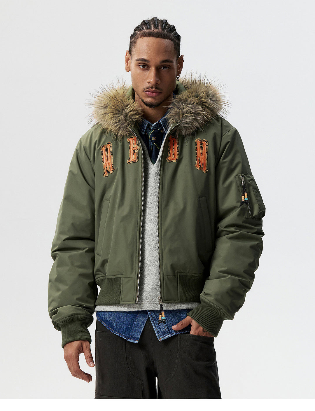 MEDM Animal Logo Patch Fur Hooded Bomber Jacket | Face 3 Face